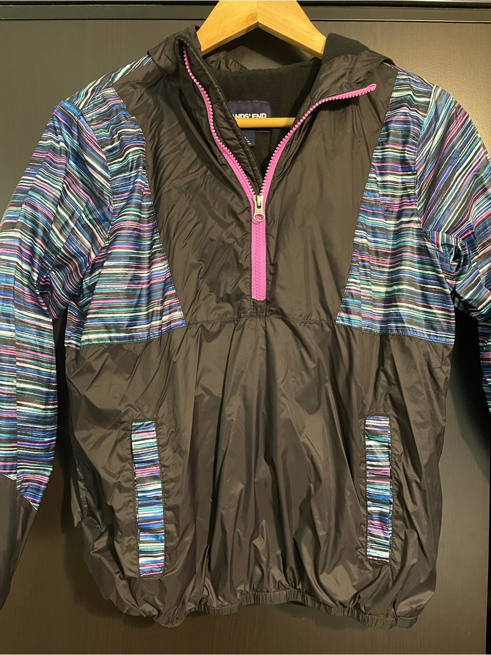Lands’ End - Girl’s Black Windbreaker Pullover with Multi-Color Striped Accents